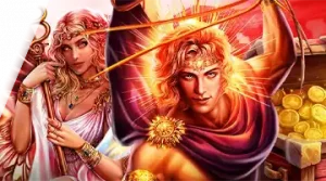 Изображение мифологических фигур, рекламирующих турнир Blitz Spinomenal в Банда на фоне яркого света и сокровищ.